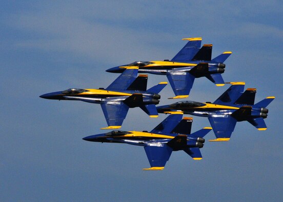 JOINT BASE ANDREWS, Md. – A formation of Navy Blue Angels F/A-18 Super Hornets fly in formation over the flightline here during the 2010 Joint Service Open House May 14. This is the first Joint Service Open House conducted by Team Andrews members at the newly minted Joint Base Andrews, continuing a rich tradition of parternship and strength rooted in service to the nation. (U.S. Air Force photo by Airman 1st Class Kat Lynn Justen)