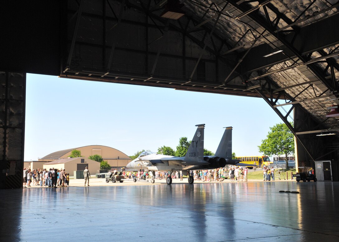 JOINT BASE ANDREWS, Md. -- An F-15 Eagle is moved out of Hangar 4 to be displayed at the flightline here May 15. JSOH offers an opportunity for the public to see military equipment from the Navy, Marines, Army, Air Force, and Coast Guard. (U.S. Air Force photo by Airman 1st Class Kat Lynn Justen)