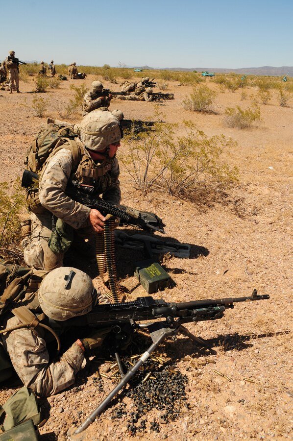 Lance Cpl. Rich Dole, machine gunner, and Lance Cpl. Raymond Reece, team leader, along with other Marines of Company A, 1st Battalion, 1st Marine Regiment, fire on a simulated insurgent camp during a helicopter raid at the Barry M. Goldwater Range May 15, 2010. The raid was their final exercise for the Weapons and Tactics Instructor course taught by Marine Aviation Weapons and Tactics Squadron 1 at the Marine Corps Air Station in Yuma, Ariz.