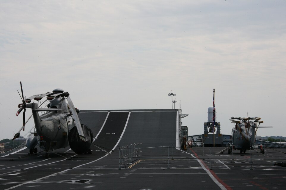 A British aircraft sits on the flight deck of the HMS Ark Royal, a British Royal Navy aircraft carrier, May 16. More than 100 Marines of Marine Attack Squadrons 223 and 542 are embarked on the ship to conduct Capella Strike, a two week multinational training exercise with British counterparts.