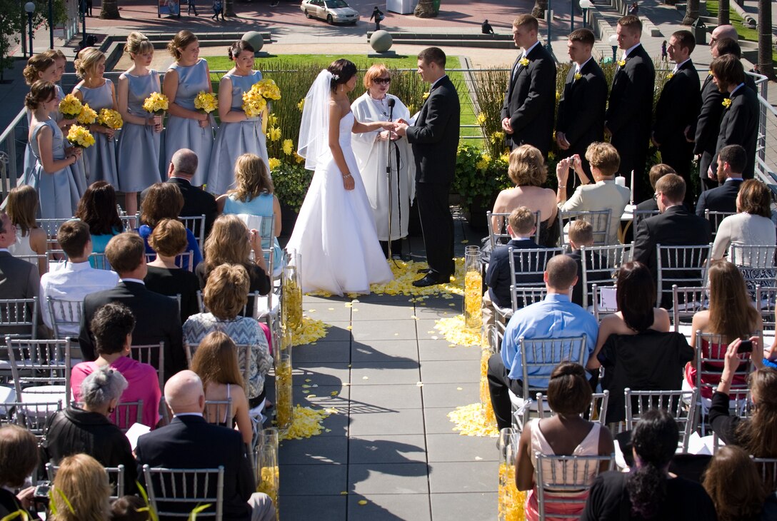 The wedding ceremony for Vanessa Muza Teskey and Capt. Mike Hawkins took place on the rooftop of Hotel Vitale on San Francisco's waterfront May 14, 2010. They won the San Francisco Dream Wedding Giveaway with viewer votes as vendors donated $100,000 of goods and services for the wedding. (U.S. Air Force photo illustration/Lance Cheung)