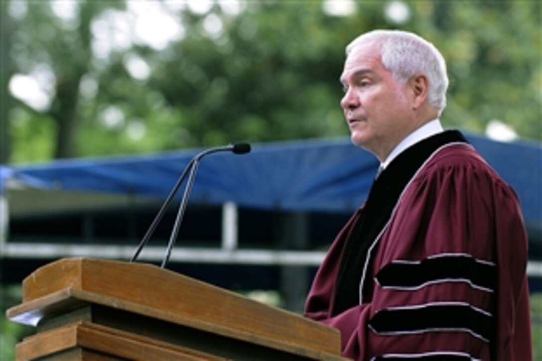 Defense Secretary Robert M. Gates delivers his speech to graduates and family members at  Morehouse College's 126th Commencement ceremony in Atlanta, May 16, 2010. "...Will the wise and honest among you come help us serve the American people?” he asked the graduates.
