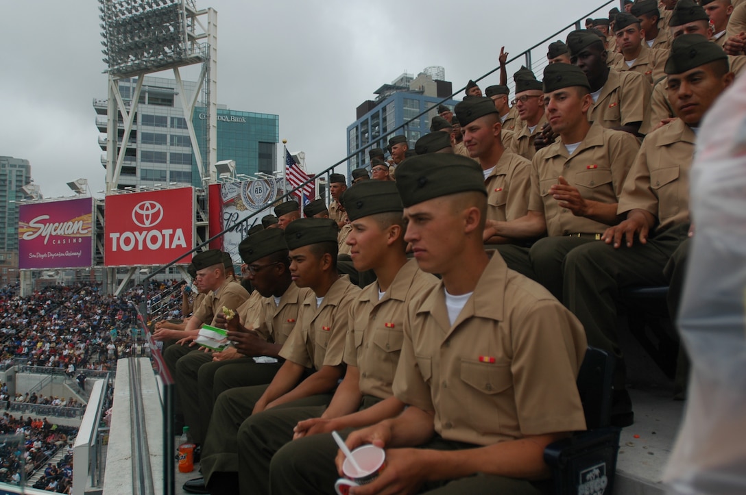Company L Marines enjoy time off the depot and in the ball park during Marine Week at the Padres’ military appreciation game against the Dodgers in Petco Park, May 16.