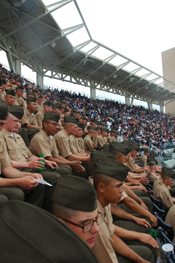 Company L Marines enjoy time off the depot and in the ball park during Marine Week at the Padres’ military appreciation game against the Dodgers in Petco Park, May 16.