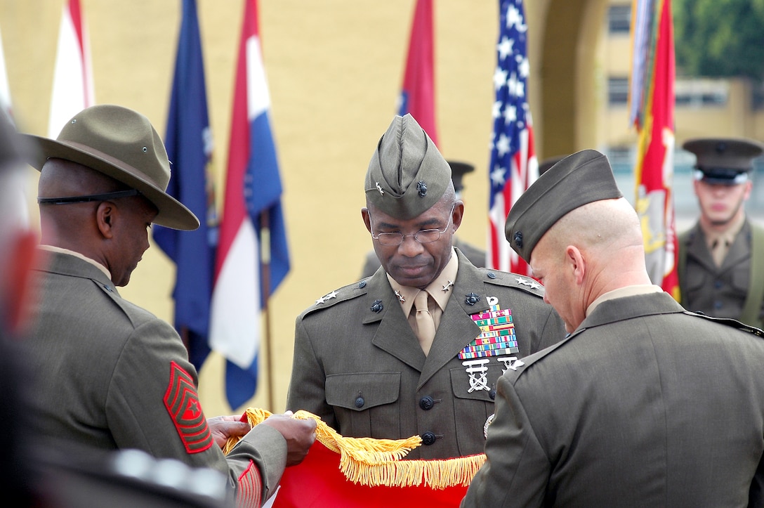 Major Gen. Ronald L. Bailey, commanding general, Marine Corps Recruit Depot San Diego and the Western Recruiting Region, is presented his new two star general officer’s flag during his promotion ceremony, May 18, 2010, aboard the depot. On Jan. 3, Maj. Gen. Bailey also assumed command of Marine Corps Recruiting Command, which is headquartered at Marine Corps Base, Quantico, Va.