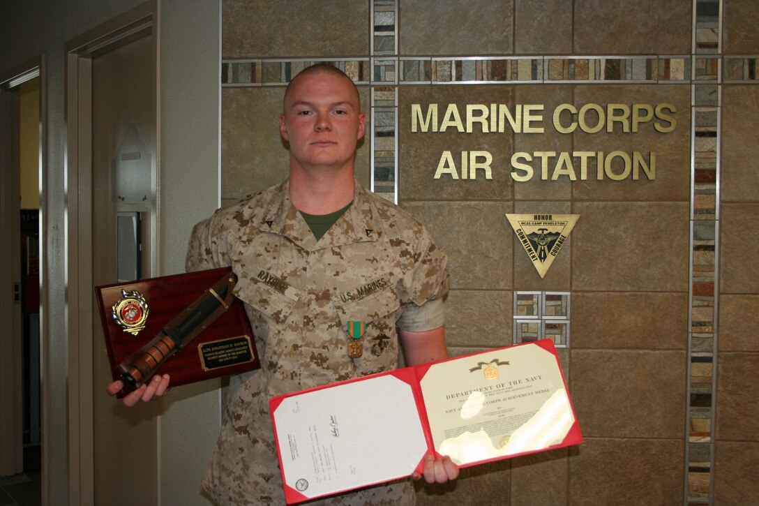 Lance Corporal Jonathan D. Raybon, Ground Electronics Maintenance Division, Headquarters and Headquarters Squadron, Marine Corps Air Station, Camp Pendleton is awarded the Navy and Marine Corps Achievement Medal.