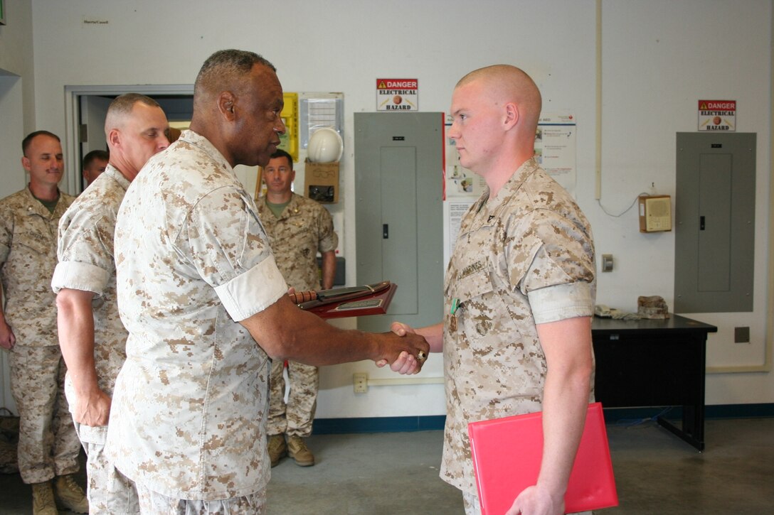 Major General Anthony L. Jackson, Commanding General, MCIWEST awarded Lance Corporal Jonathan D. Raybon, Ground Electronics Maintenance Division, Headquarters and Headquarters Squadron, Marine Corp Air Station, Camp Pendleton the Navy and Marine Corps Achievement Medal.