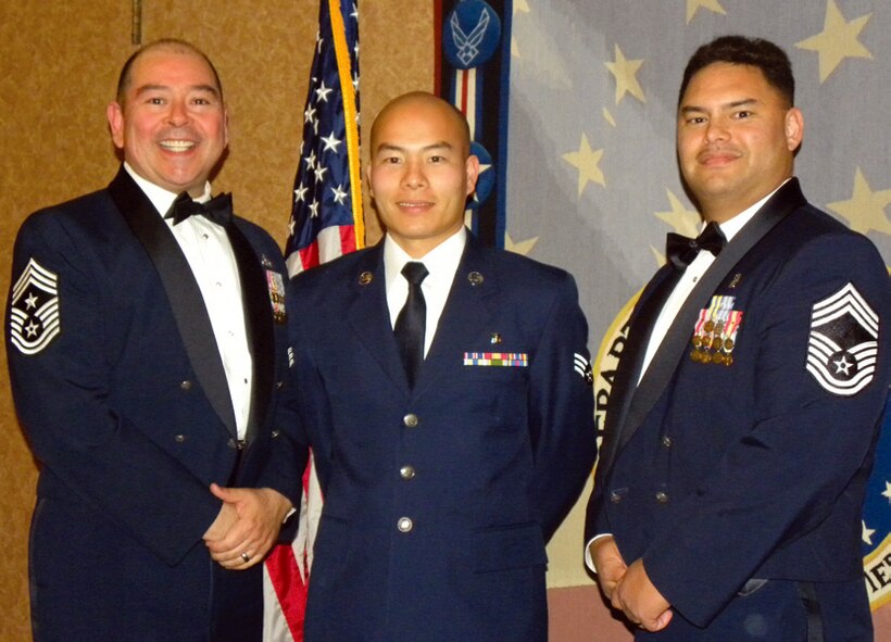 Three March Field members graduate Airman Leadership School at Travis Air Force Base, Calif. Senior Aiman Jason Chao from the 752 MDS is pictured in the center. (U.S. Air Force photo)
