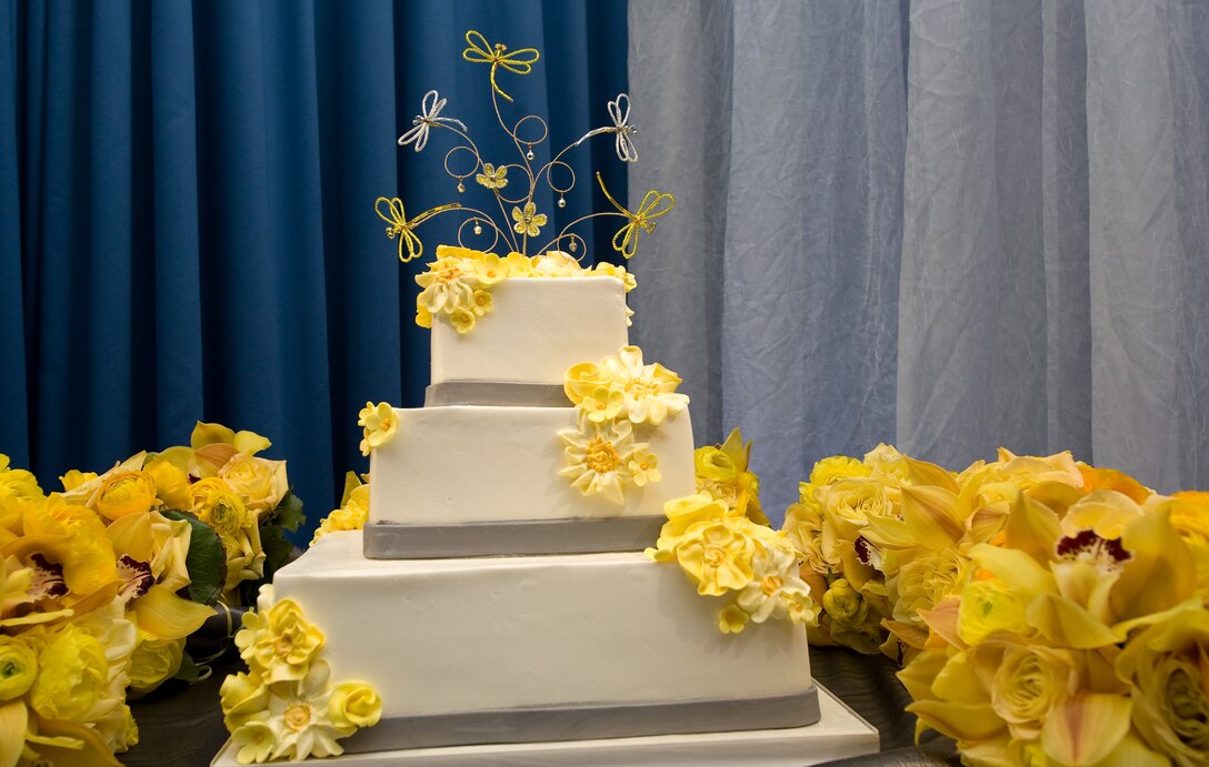 Capt. Mike and Vanessa Hawkins' wedding cake on May 14, 2010, at the reception. The couple won the San Francisco Dream Wedding Giveaway with internet viewer votes. Mrs. Hawkins has been diagnosed with stage IV Hodgkin's lymphoma. Vendors donated $100,000 of goods and services to the couple's wedding day.  (U.S. Air Force photo illustration/Lance Cheung)