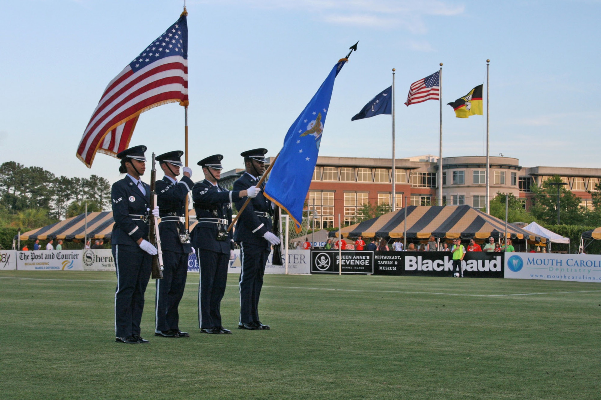 The Charleston Air Force Base S.C. Color Guard presents the colors for a Charleston Battery game May 15 at Blackbaud Stadium. Military members, retirees, DoD civilians and dependents were invited to watch Charleston's minor league soccer team on Thank You To Heros Night. (U.S. Air Force Photo/TSgt Jeff Kelly) 
