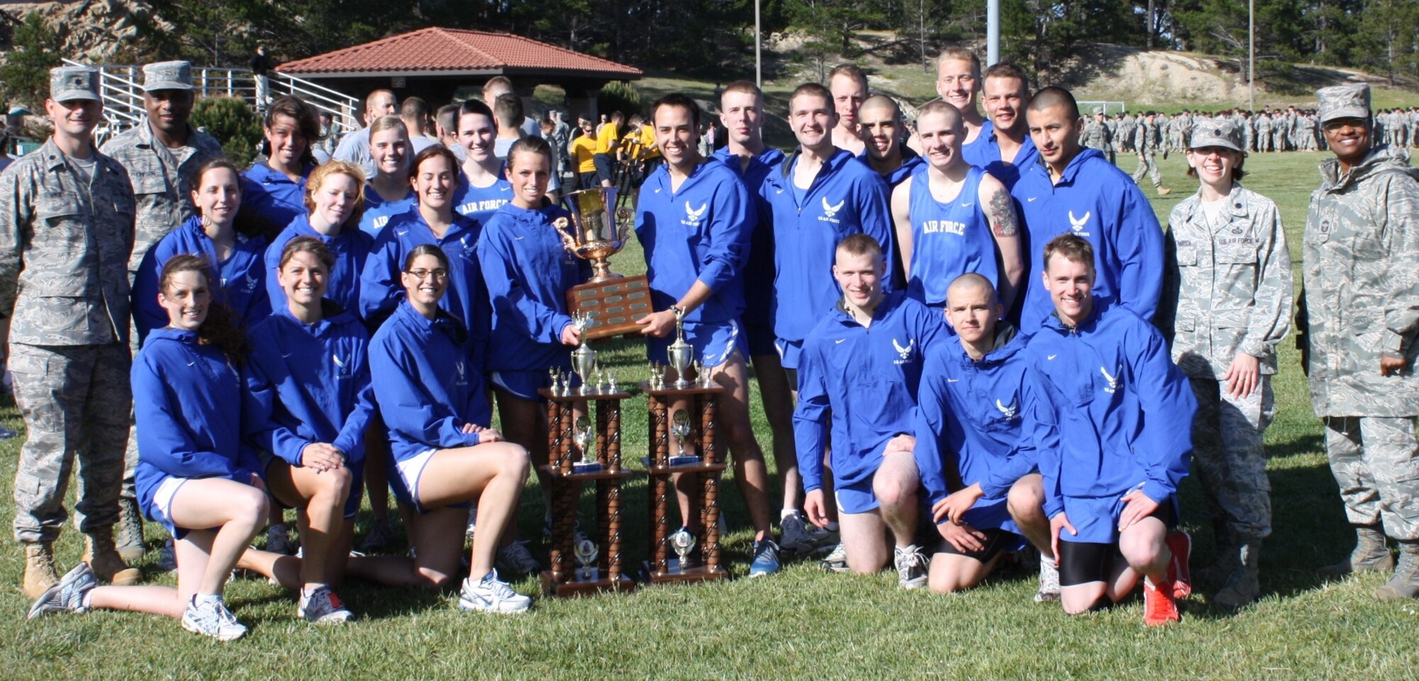 Members from the 517th Training Wing Female and Male Run teams proudly show off their 1st and 2nd place trophies from the May 5 Quarterly Commander's Cup Challenge.
Left to right: Lt. Col. Rice, 314th Training Squadron commander; Senior Master Sgt. Thompson, 314th TRS first sergeant; Female Run Team members; Male Run Team members; Lt. Col. O’Harren, 311th Training Squadron commander; and Chief Master Sgt. Flowers, 311th TRS first sergeant. (U.S. Air Force photo/Tech. Sgt. Damian A. Davies)