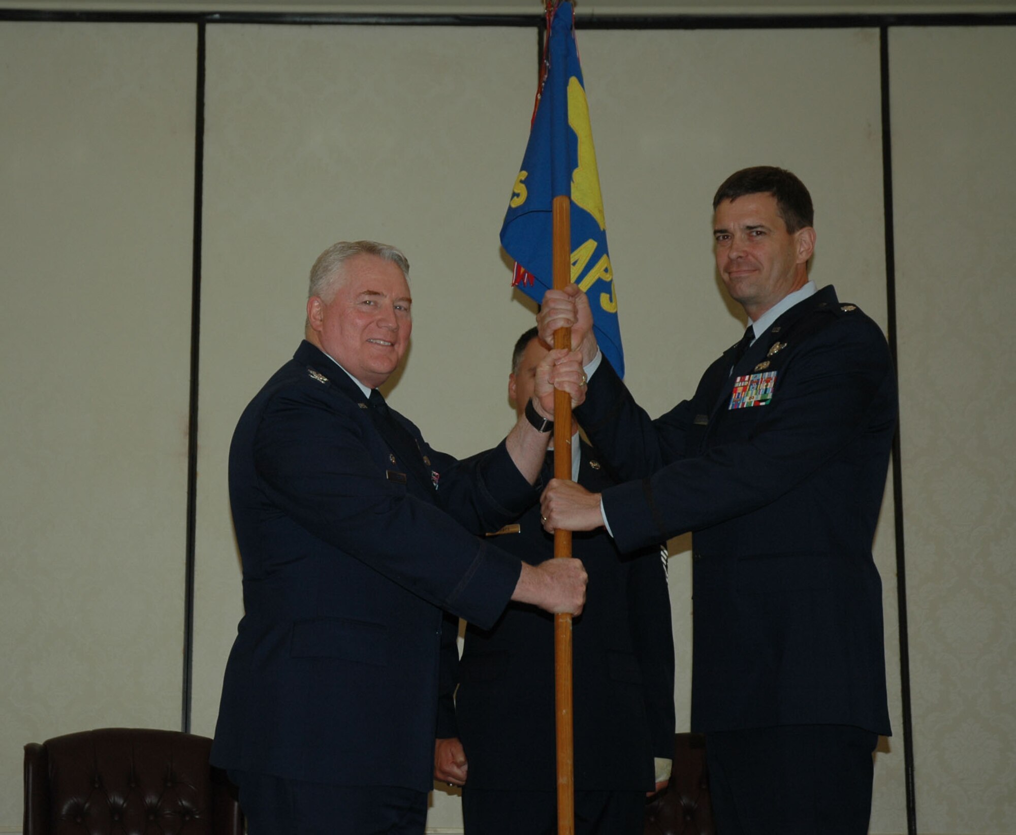 Lieutenant Colonel  Charles Drouillard assumes command of the 81st Aerial Port Squadron Charleston Air Force Base S.C. May 16 from Lt. Col. Greg Vaughan. 315th Mission Support Group Commander Colonel Bill Stephens presided over the ceremony. (U.S. Air Force Photo/2nd Lt Joe Simms)