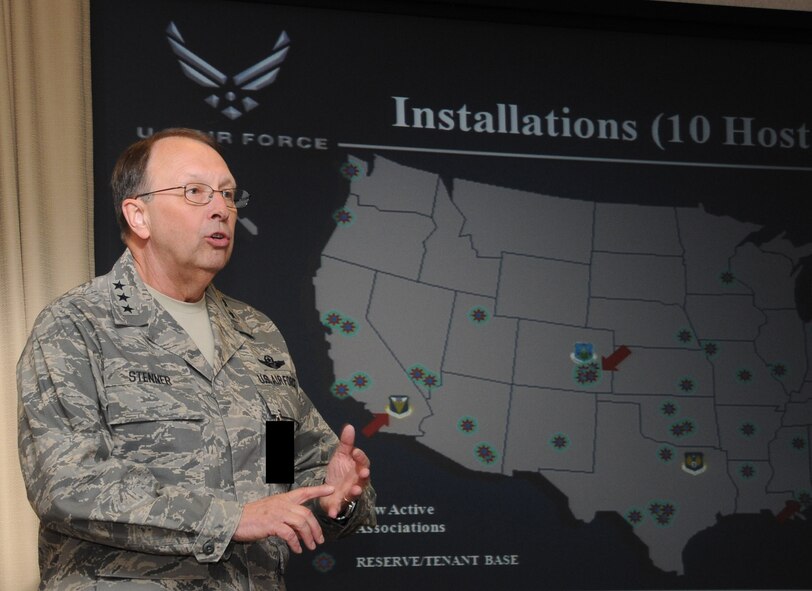 Lt. Gen. Charles Stenner, the Commander of the Air Force Reserve Command and Chief of the Air Force Reserve, briefs civic leaders and Honorary Commanders from MacDill Air Force Base, Fla., on Air Force Reserve missions and components during a civic leaders tour to Robins Air Force Base, Ga., May 13, 2010. (U.S. Air Force photo by Senior Airman Anna-Marie Wyant)