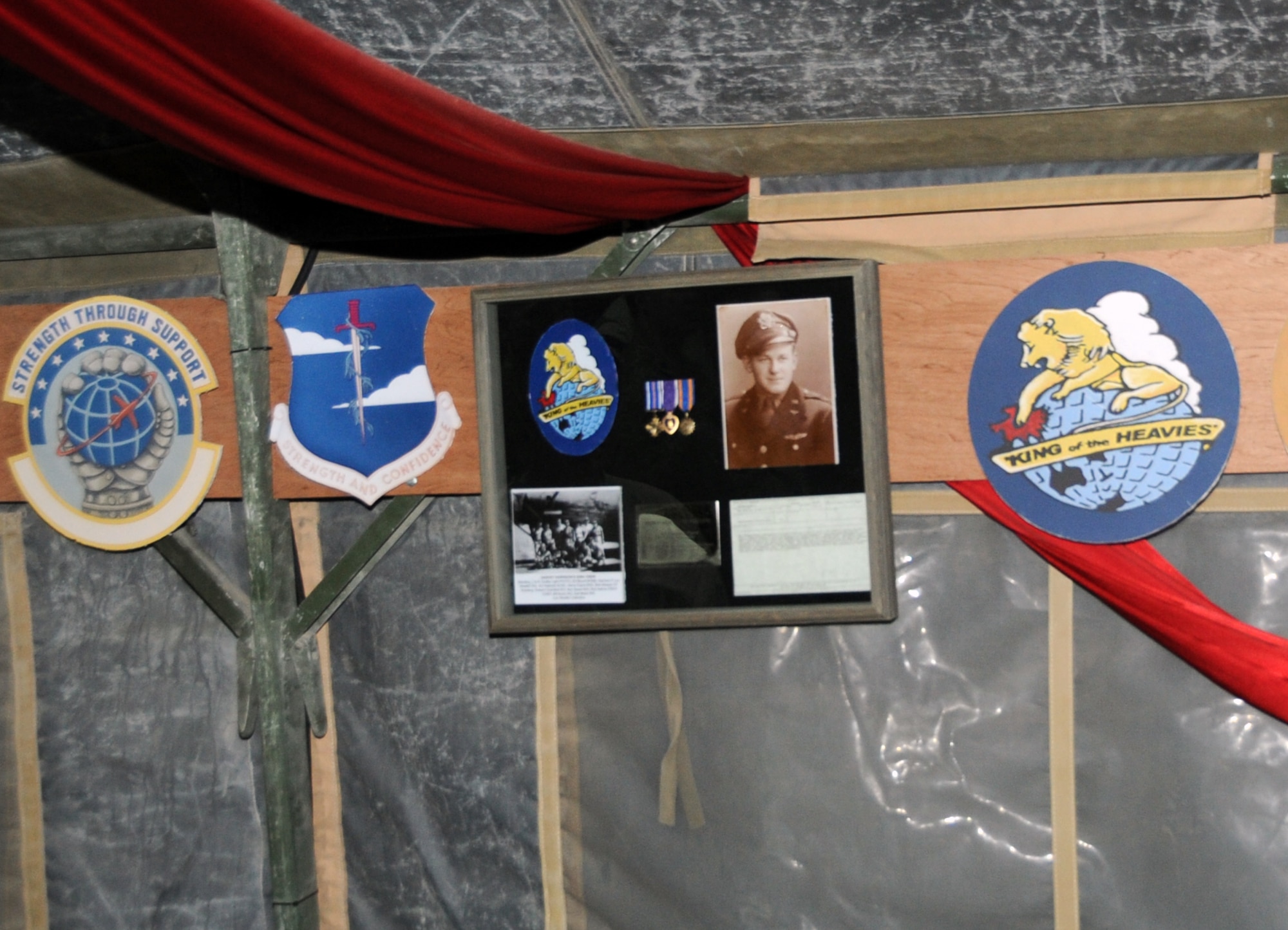 This is the shadow box created through the vision of Lt. Col. Daryl Page, 380th Expeditionary Operations Support Squadron commander, to honor retired Lt. Col. Robert Weaver, a former B-24 Liberator pilot during World War II with the 380th Bombardment Group, and others during a special presentation by Colonel Page and other 380th AEW members honoring 380th BMG veterans May 12, 2010, at non-disclosed base in Southwest Asia. (U.S. Air Force Photo/Senior Airman Jenifer H. Calhoun/Released)