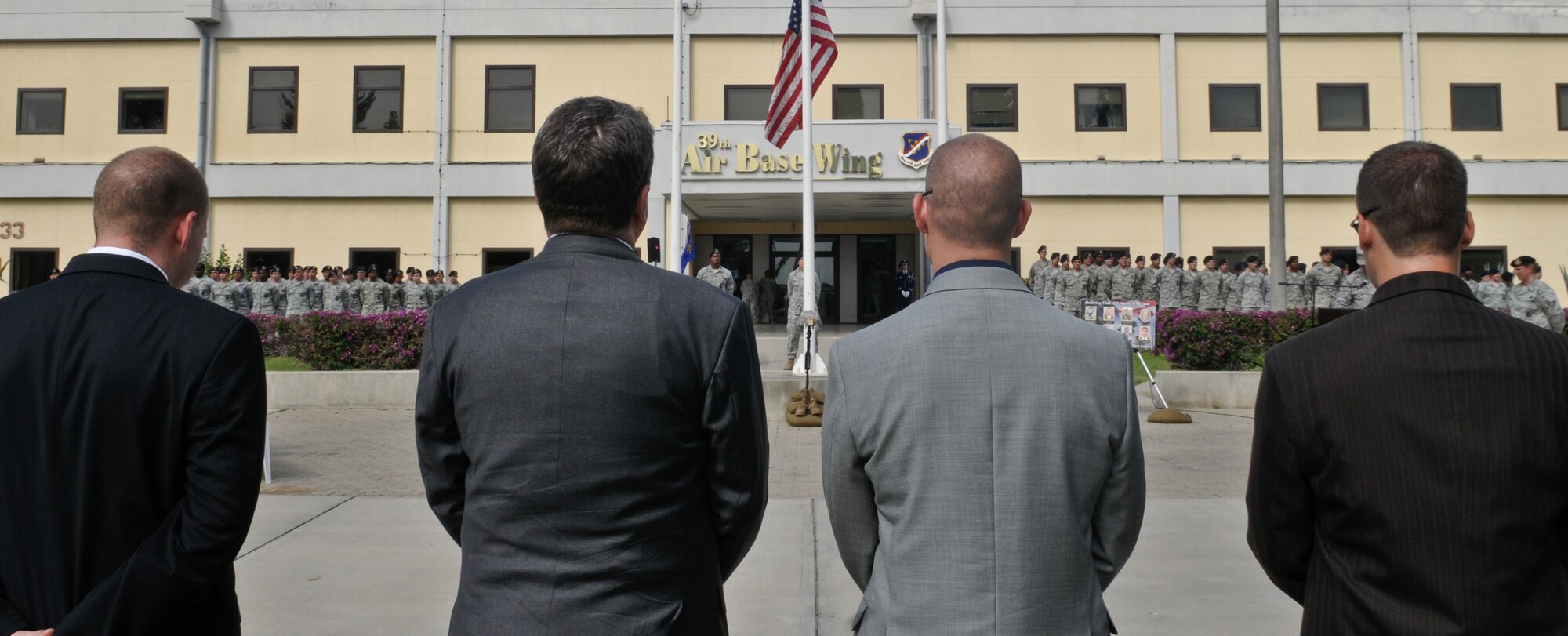 Members from the 39th Security Forces Squadron, Turkish Security Forces and Air Force Office of Special Investigation participate in a retreat ceremony ending police week Friday May 14, 2010 Incirlik Air Base, Turkey. Other Police Week events include a paintball tournament for law enforcement; and a coloring, drawing and essay contest(U.S. Air Force photo/Senior Airman Alexandre Montes)
 