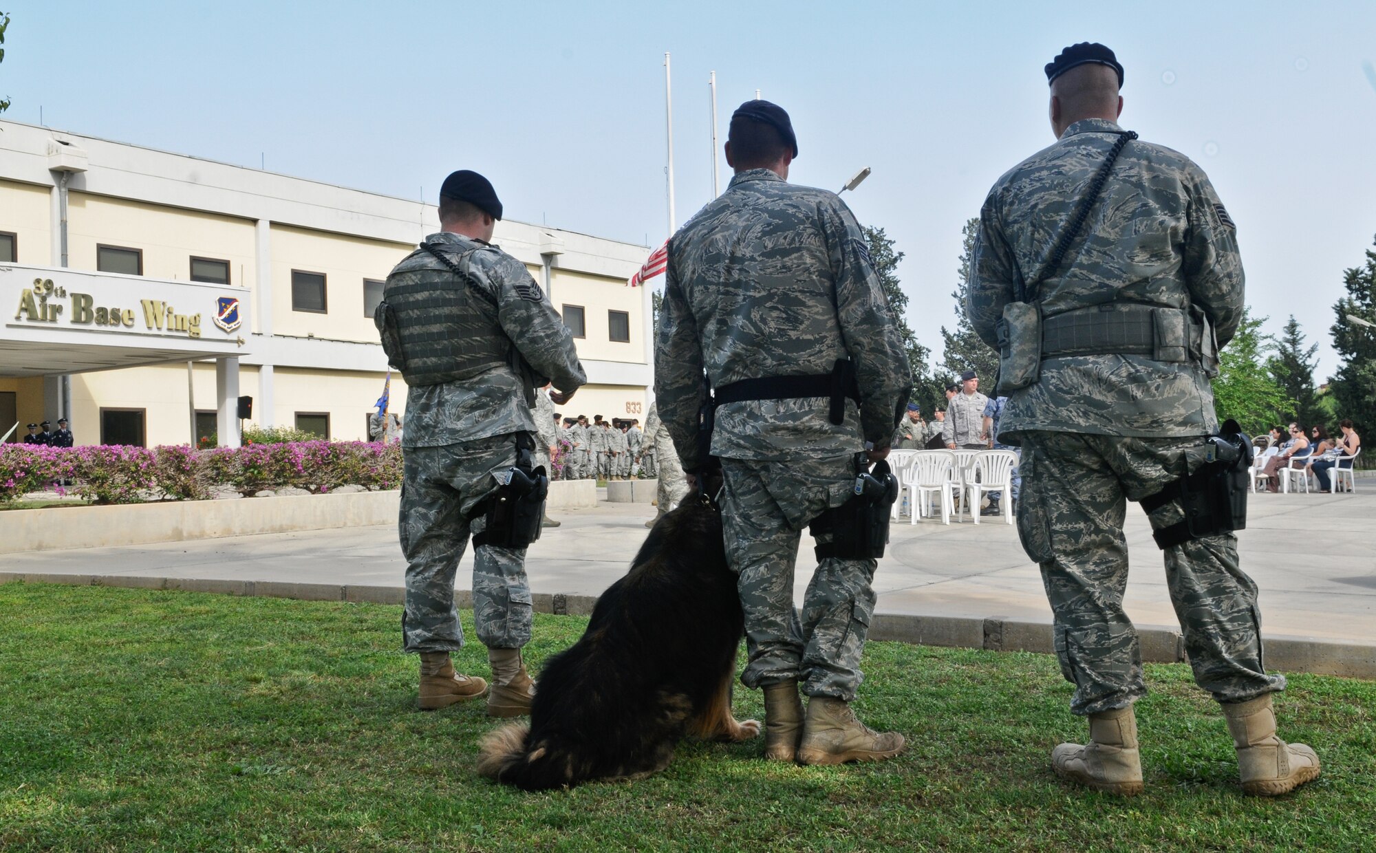 Members from the 39th Security Forces Squadron, Turkish Security Forces and Air Force Office of Special Investigation participate in a retreat ceremony ending police week Friday May 14, 2010 Incirlik Air Base, Turkey. Other Police Week events include a paintball tournament for law enforcement; and a coloring, drawing and essay contest(U.S. Air Force photo/Senior Airman Alexandre Montes)
 