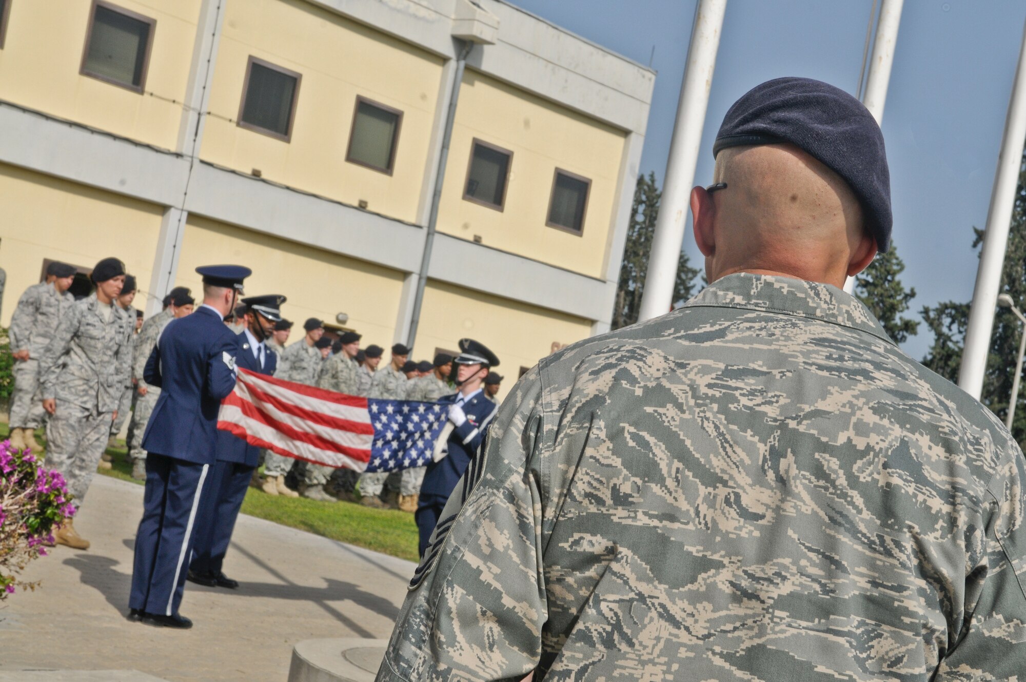 Members from the 39th Security Forces Squadron, Turkish Security Forces and Air Force Office of Special Investigation participate in a retreat ceremony ending police week Friday May 14, 2010 Incirlik Air Base, Turkey. Other Police Week events include a paintball tournament for law enforcement; and a coloring, drawing and essay contest(U.S. Air Force photo/Senior Airman Alexandre Montes)
 