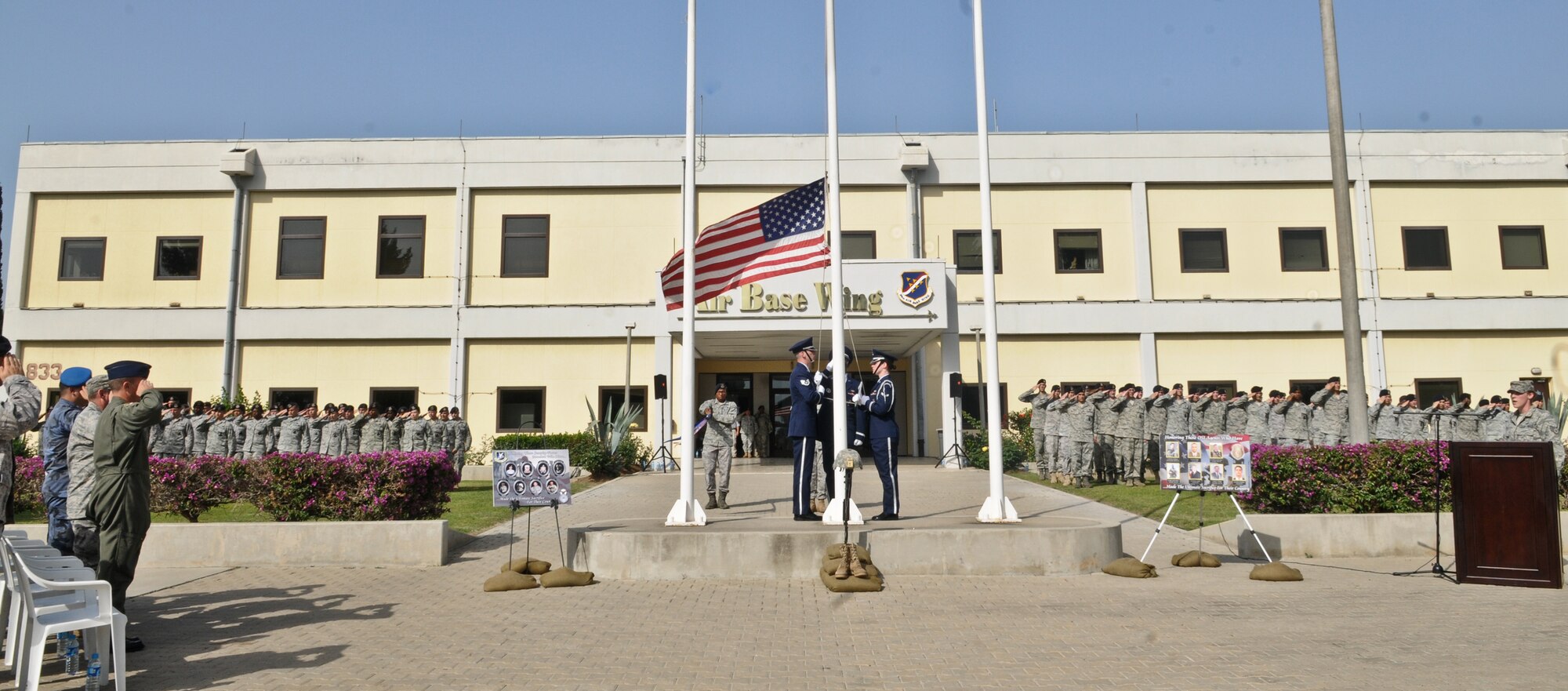 Members from the 39th Security Forces Squadron, Turkish Security Forces and Air Force Office of Special Investigation participate in a retreat ceremony ending police week Friday May 14, 2010 Incirlik Air Base, Turkey. Other Police Week events include a paintball tournament for law enforcement; and a coloring, drawing and essay contest(U.S. Air Force photo/Senior Airman Alexandre Montes)
 