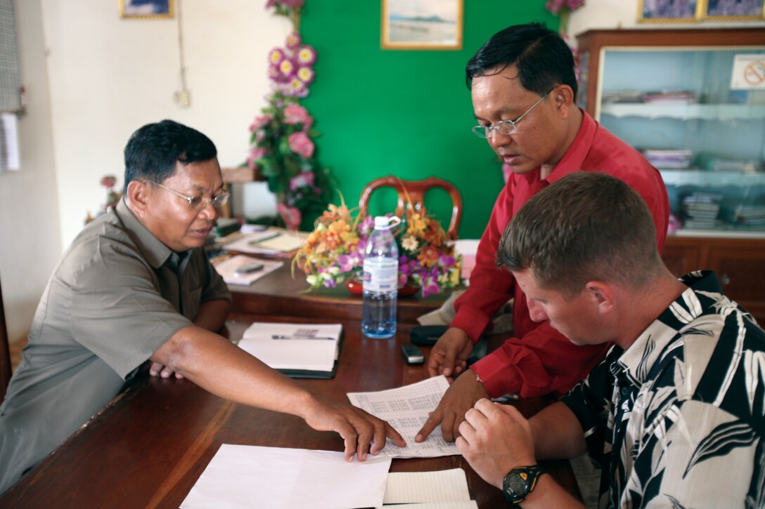 Gov. Mean Eanly, left, district governor for Kampong Leaeng district in Kampong Chhang Province and Sam Vuthy, a translator, middle, run through province names with Gunnery Sgt. Jonathan Dowdall, right, team chief, Civil Affairs Team 1, III Marine Expeditionary Force Civil Affairs Detachment, where medical attention, purification systems and other assistance is needed.