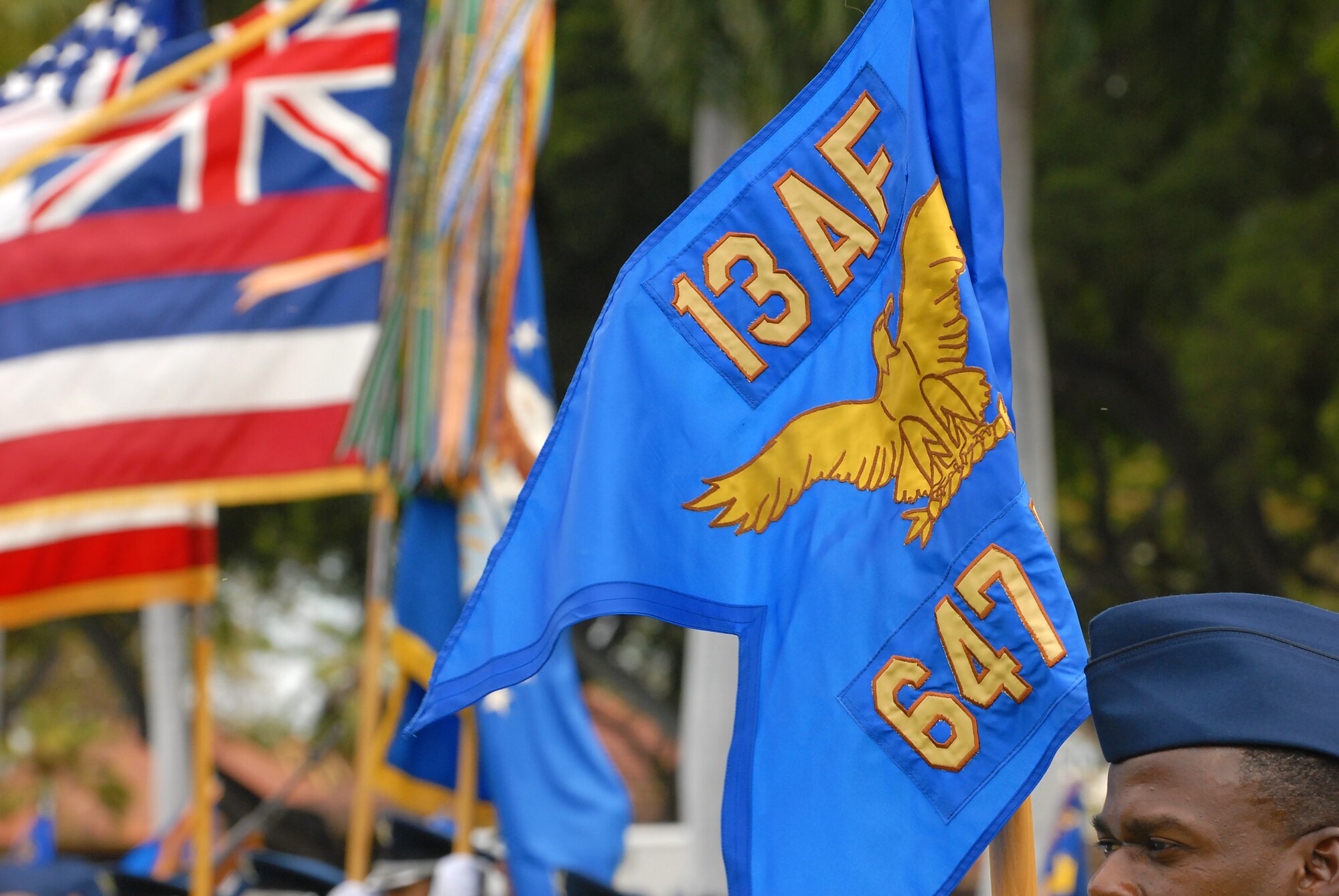 JOINT BASE PEARL HARBOR HICKAM, Hawaii -- The 674th Mission Support Group guidon took the place of the 15th Mission Supprt Group guidon as the 674th MSG stood up during the 15th Wing change of command ceremony May 18. The change of command also included a re-designation from the 15th Airlift Wing to the 15th Wing. The re-designation reflects the mission change of the 15th Wing that will activate an active duty F-22 squadron and KC-135 squadron this summer. (U.S. Air Force photo/Staff Sgt. Mike Meares)
