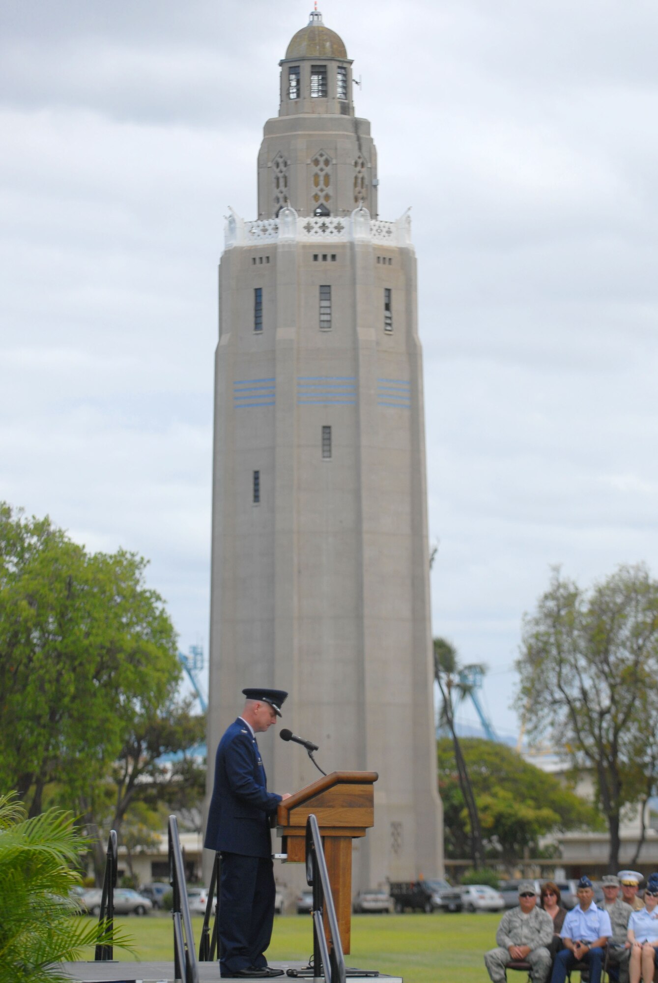 JOINT BASE PEARL HARBOR HICKAM, Hawaii - Col. Sam Barrett gives his first speech as commander of the 15th Wing during the 15th Wing change of command here, May 18. The change of command also included a re-designation from the 15th Airlift Wing to the 15th Wing and remains assigned to the 13th Air Force. The re-designation reflects the mission change of the 15th Wing that will activate an active duty F-22 squadron and KC-135 squadron this summer. (U.S. Air Force photo/Senior Airman Gustavo Gonzalez) 