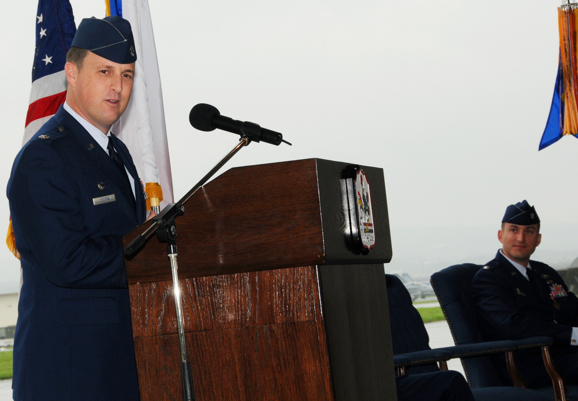 Lt. Col. Robert Cioppa addresses the 67th Fighter Squadron for the first time as the unit’s commander after a change of command ceremony May 14, 2010. 
(U.S. Air Force photo/Airman 1st Class Jarvie Wallace)  