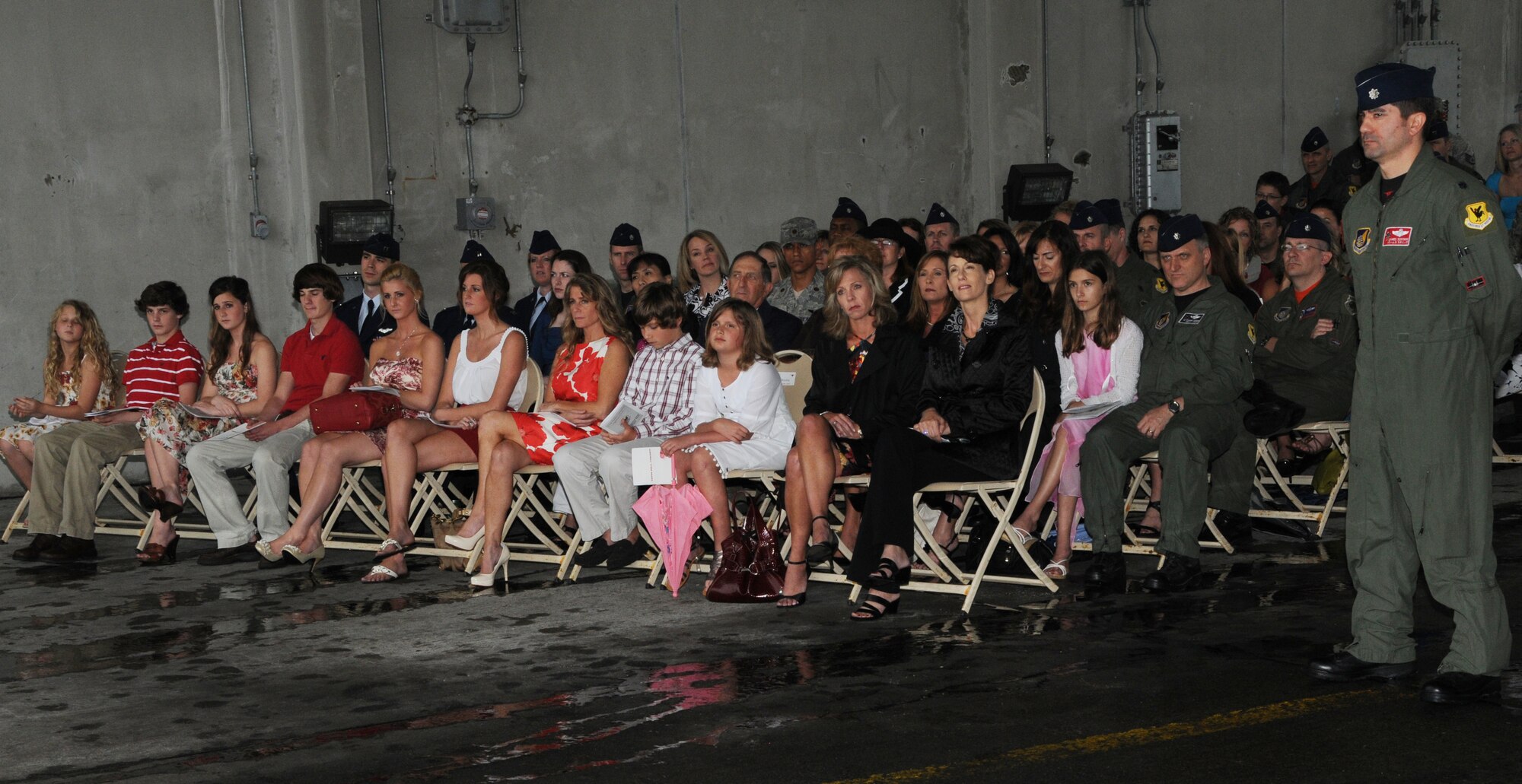 Kadena Airmen and family members attend the 67th Fighter Squadron change of command May 14, 2010. Lt. Col. Robert Cioppa assumed command of the squadron and Lt. Col. Robert Novotny relinquished command earlier during the ceremony. (U.S. Air Force photo/Airman 1st Class Jarvie Wallace)