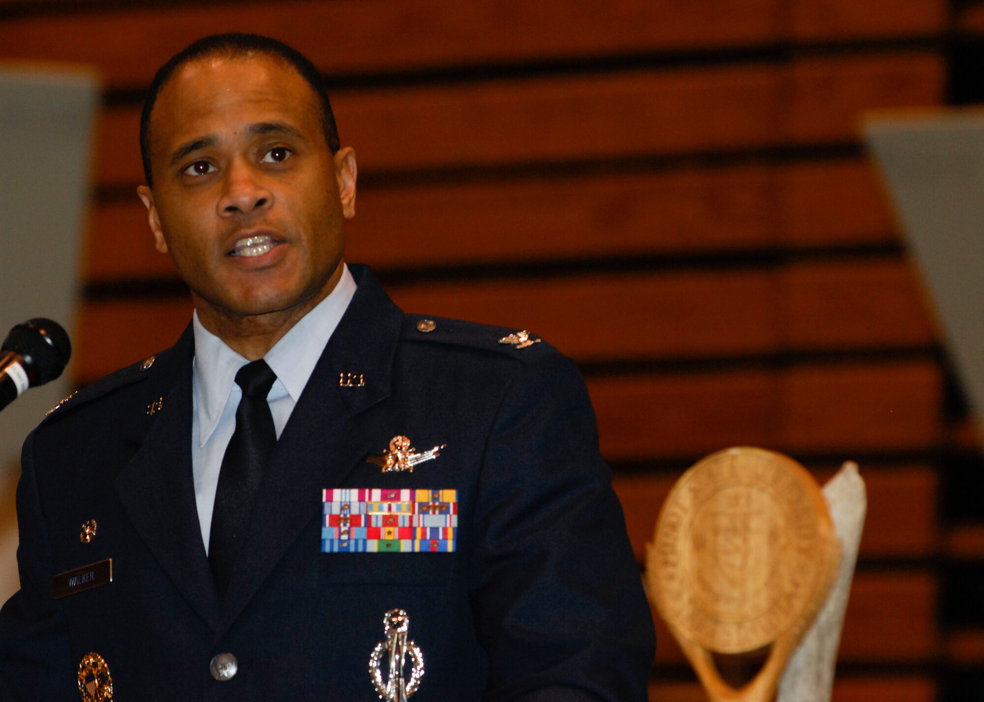 MINOT, N.D. -- Col. Robert Walker, 91st Operations Group commander, discusses how Minot State University's multicultural goals are related to the Air Force during a speech for the 2010 MSU graduating class here May 14. Colonel Walker was a guest speaker at the graduation ceremony held in downtown Minot. (U.S. Air Force photo by Senior Airman Ashley N. Avecilla)