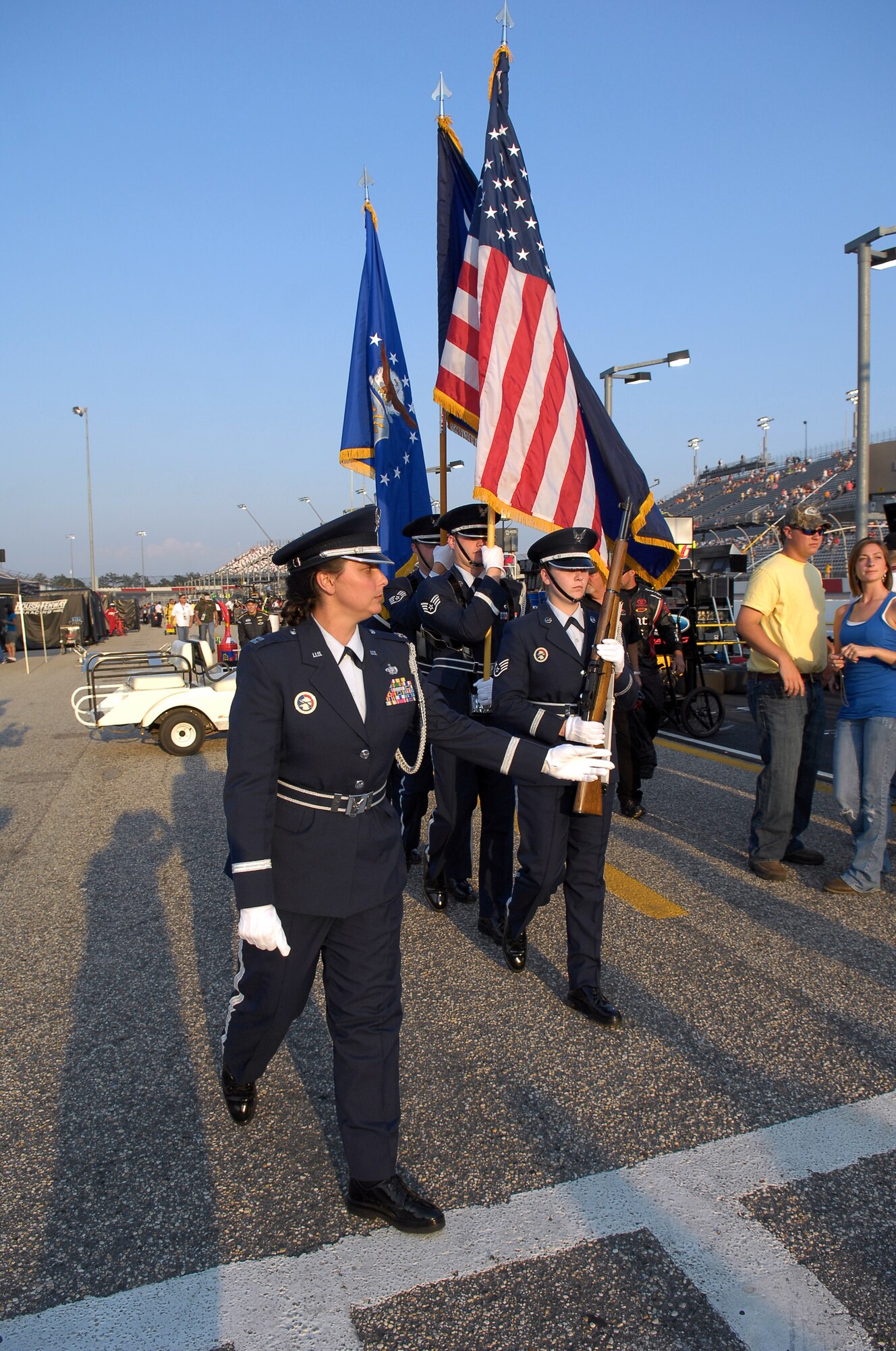 Members of the South Carolina National Guard prepare to post the colors at the Nationwide series Royal Purple 200 NASCAR race Darlington Raceway in Darlington S.C. on May 7. In addition to the Air National Guard posting the colors, Pope’s Master Sgt. Tressie Anderson-Bolden, 14th Air Support Operations Squadron First Sergeant, performed the National Anthem at the beginning of the race. (U.S. Air Force photo/Senior Airman Kris Levasseur)