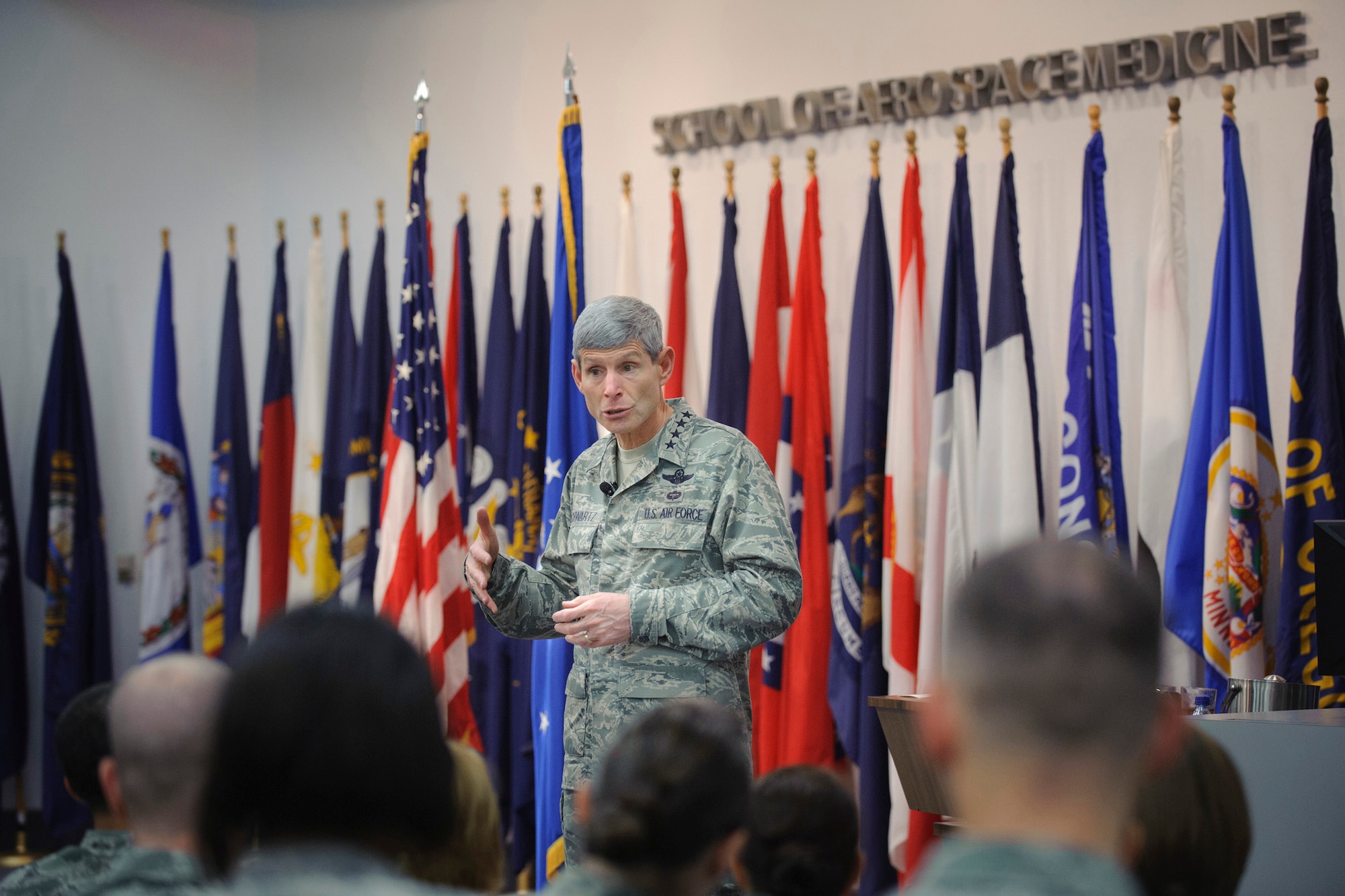 Air Force Chief of Staff Gen. Norton Schwartz praises faculty, staff and students of the U.S. Air Force School of Aerospace Medicine on their contributions to keeping military members fit, saving lives of wounded warriors and supporting their recovery.  General Schwartz was visiting the school May 13, 2010, at Brooks City-Base in San Antonio.  (U.S. Air Force photo/Steve Thurow)