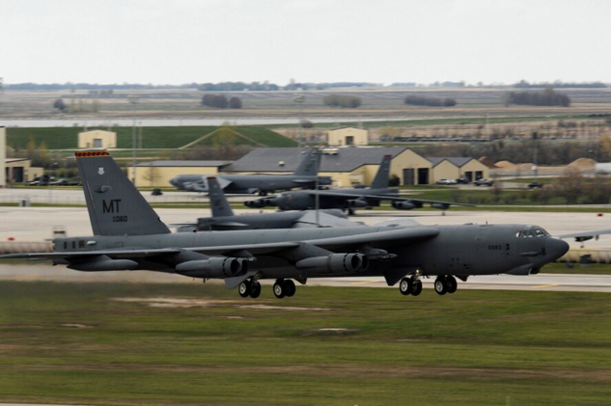 MINOT AIR FORCE BASE, N.D. -- A B-52H Stratofortress assigned to the 23rd Bomb Squadron takes off during a training sortie here May 11.  Members from the 23rd Bomb Squadron are training in preparation for an upcoming deployment this summer.   (U.S. Air Force photo by Airman 1st Class Aaron-Forrest Wainwright)