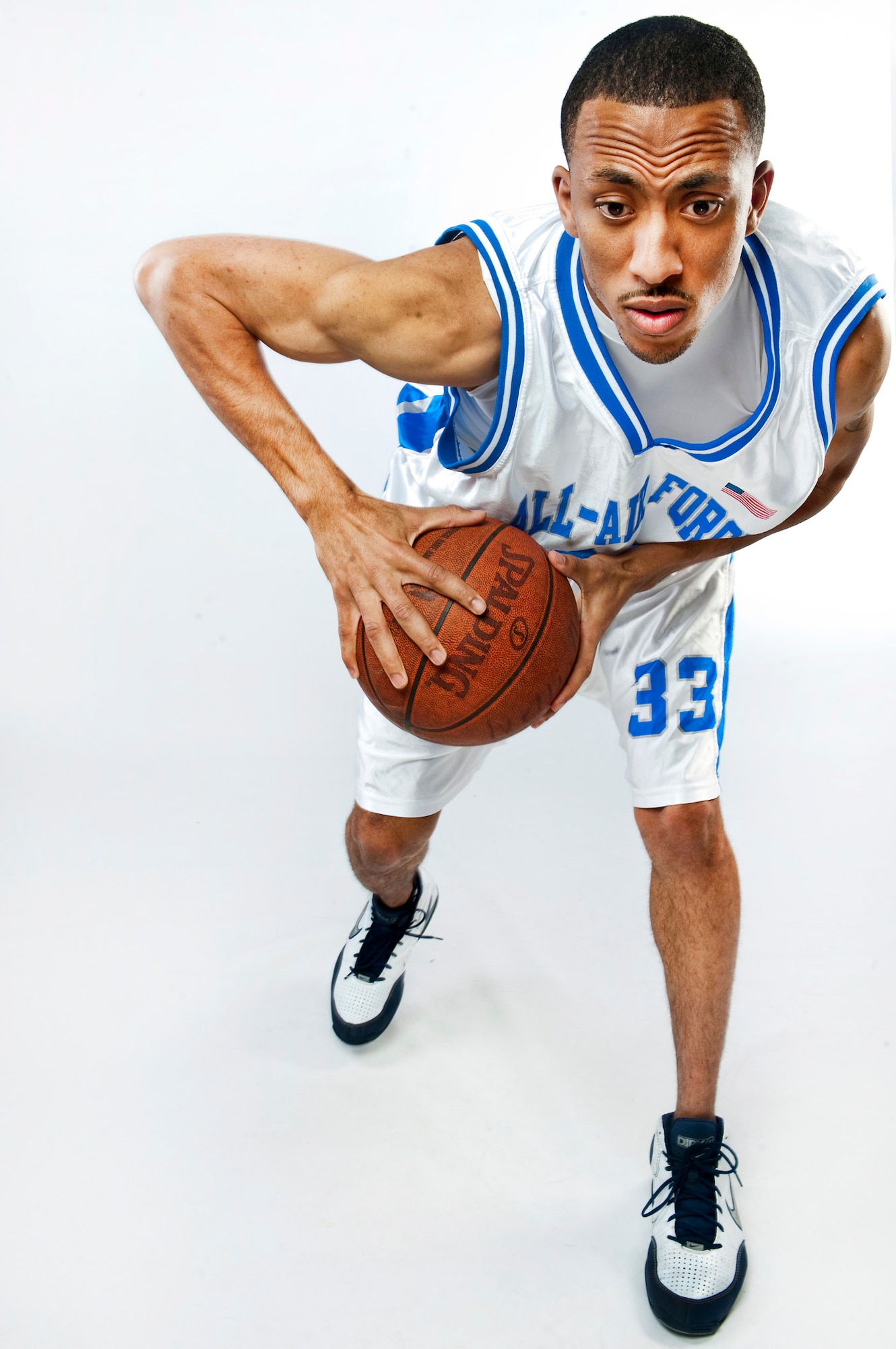 NELLIS AIR FORCE BASE, Nev. -- Staff Sgt. Marico Gray a 4 time All-Air Force, All-Armed Forces basketball team member from the 99th Contracting Squadron demonstrates some of the moves he uses on the basketball court while representing the U.S. Air Force.(U.S. Air Force photo by Tech. Sgt. Michael R. Holzworth)

