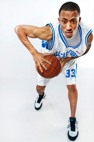 NELLIS AIR FORCE BASE, Nev. -- Staff Sgt. Marico Gray a 4 time All-Air Force, All-Armed Forces basketball team member from the 99th Contracting Squadron demonstrates some of the moves he uses on the basketball court while representing the U.S. Air Force.(U.S. Air Force photo by Tech. Sgt. Michael R. Holzworth)
