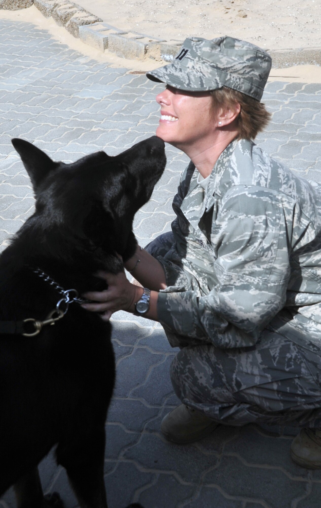 Capt. Nancy Lester, public health officer and licensed veterinarian with the 380th Expeditionary Medical Group, does a check-up with military working dog Nero at the 380th Expeditionary Security Forces Squadron operations area April 20, 2010, at a non-disclosed base in Southwest Asia. Captain Lester is deployed from the 86th Medical Group at Ramstein Air Base, Germany, and her hometown is Saint Francis, Wisc. (U.S. Air Force Photo/Master Sgt. Scott T. Sturkol/Released)