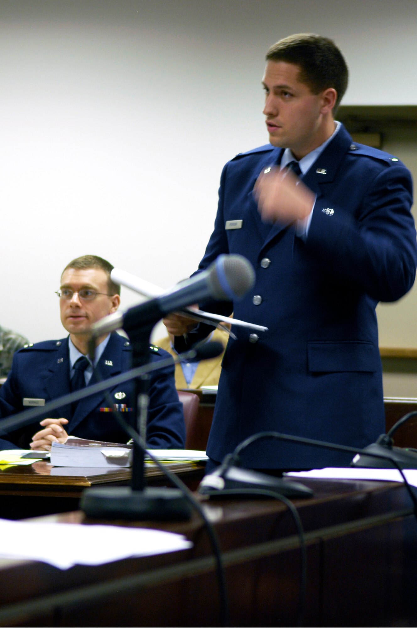 WHITEMAN AIR FORCE BASE, Mo. - 1st Lt. Michael Pierson, 509th Bomb Wing legal office attorney, poses questions to a witness during a simulated trial May 13. The simulated trial was part of an exercise between the 509th Security Forces Squadron and the wing legal office that allowed one section to see how the other functioned. (U.S. Air Force photo/Staff Sgt. Jason Barebo)