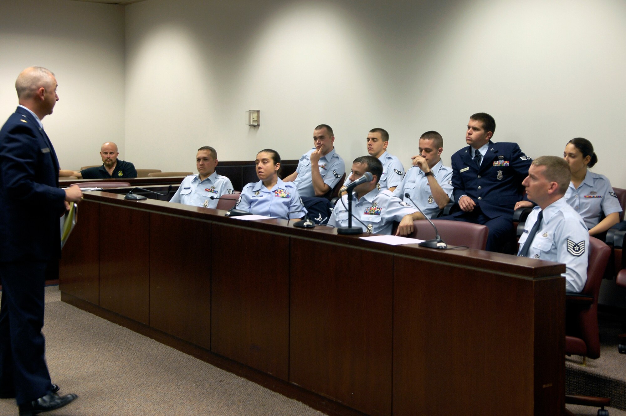 WHITEMAN AIR FORCE BASE, Mo. - Maj. William Vernon, 509th Bomb Wing legal office deputy staff judge advocate, makes an opening statement May 13 during a simulated trial. The mock trial was part of a week-long exercise between the legal office and the 509th Security Forces Squadron that began with a domestic violence incident May 10. (U.S. Air Force photo/Staff Sgt. Jason Barebo)