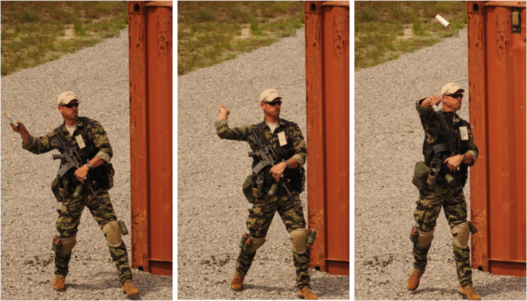 Charles Stewart, 1st Special Operations Support Squadron Range Support flight opposition forces member, throws a simulated grenade into the air during combat survival training at an undisclosed location in the Eglin Range, Fla., May 13, 2010. OPFOR provides support capabilities to 1st Special Operations Wing aircraft and ground assets, and, when available, other Air Force Special Operations Command, Air Force and joint partners who request them.  (DoD photos by U.S. Air Force Senior Airman Matthew Loken/illustration by U.S. Air Force Airman 1st Class Joe McFadden)