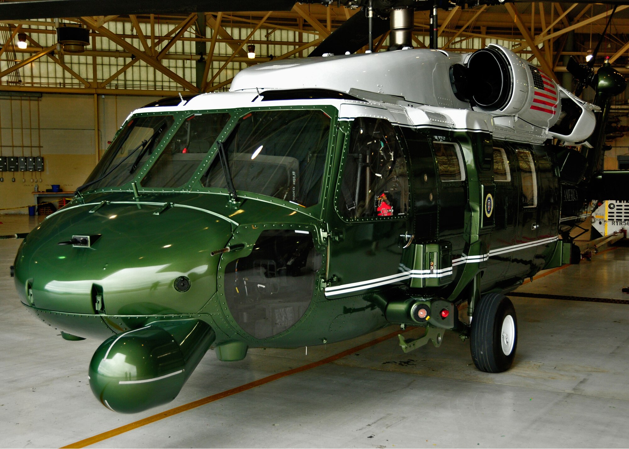 Marine One stands by the ready May 13, 2010, Niagara Falls Air Reserve Station, Niagara Falls NY. While the President makes his visits in Buffalo NY. Marine One is by the ready in case of emergency or other contingency. (U.S. Air Force photo by Staff Sgt. Joseph McKee)