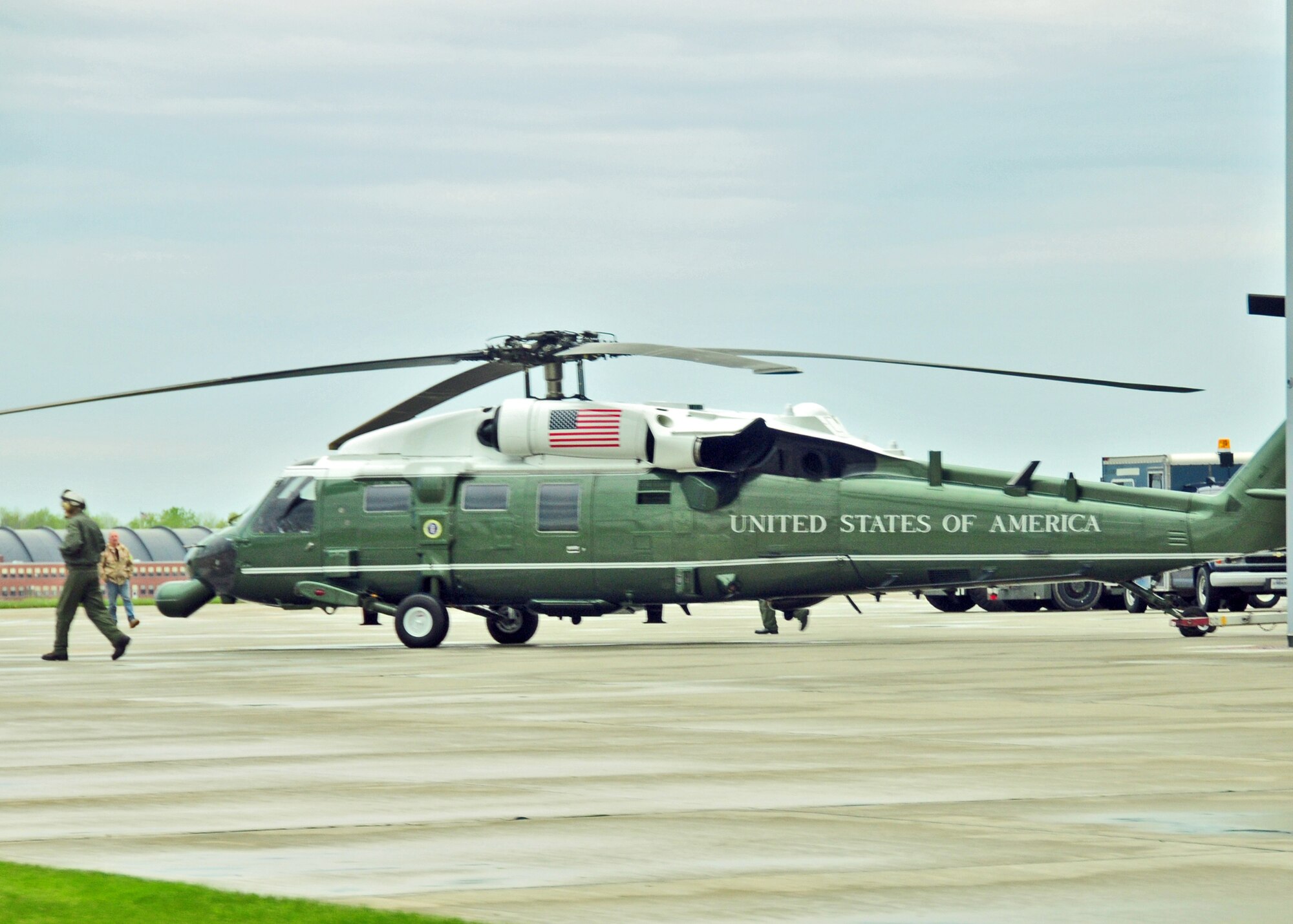 Marine One stands by the ready May 13, 2010, Niagara Falls Air Reserve Station, Niagara Falls NY. While the President makes his visits in Buffalo NY. Marine One is by the ready in case of emergency or other contingency. (U.S. Air Force photo by Staff Sgt. Joseph McKee)