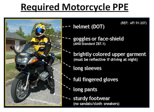 Proper personal protective equipment for motorcycle operators, per AFI 91-207.