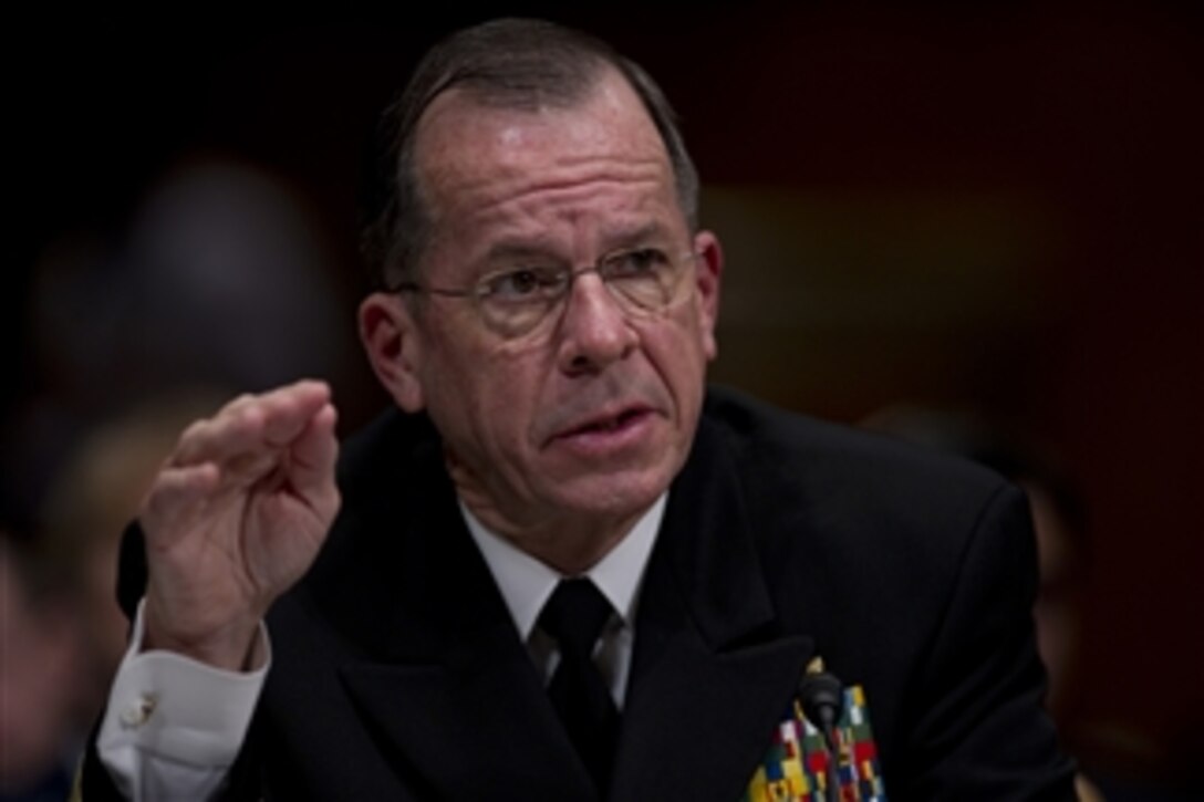 Chairman of the Joint Chiefs of Staff Adm. Mike Mullen testifies to the Senate Foreign Relations Committee regarding the U.S.-Russia Strategic Arms Reduction Treaty at Dirksen Senate Office Building in Washington, D.C., on May 18, 2010.  Mullen was joined by Secretary of Defense Robert M. Gates and Secretary of State Hillary Clinton answering questions from the committee on the arms agreement that measures further reduction and limitations on strategic offensive arms.  