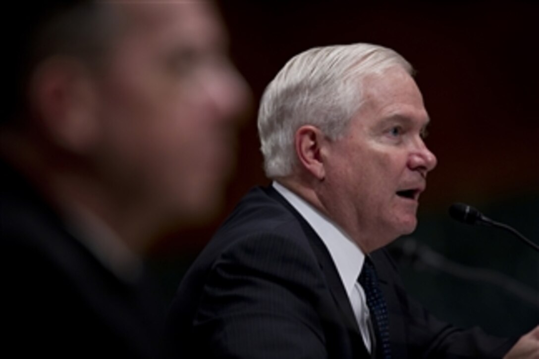 Secretary of Defense Robert M. Gates testifies to the Senate Foreign Relations Committee regarding the U.S.-Russia Strategic Arms Reduction Treaty at Dirksen Senate Office Building in Washington, D.C., on May 18, 2010.  Gates was joined by Secretary of State Hillary Clinton and Chairman of the Joint Chiefs of Staff Adm. Mike Mullen answering questions from the committee on the arms agreement that measures further reduction and limitations on strategic offensive arms.  