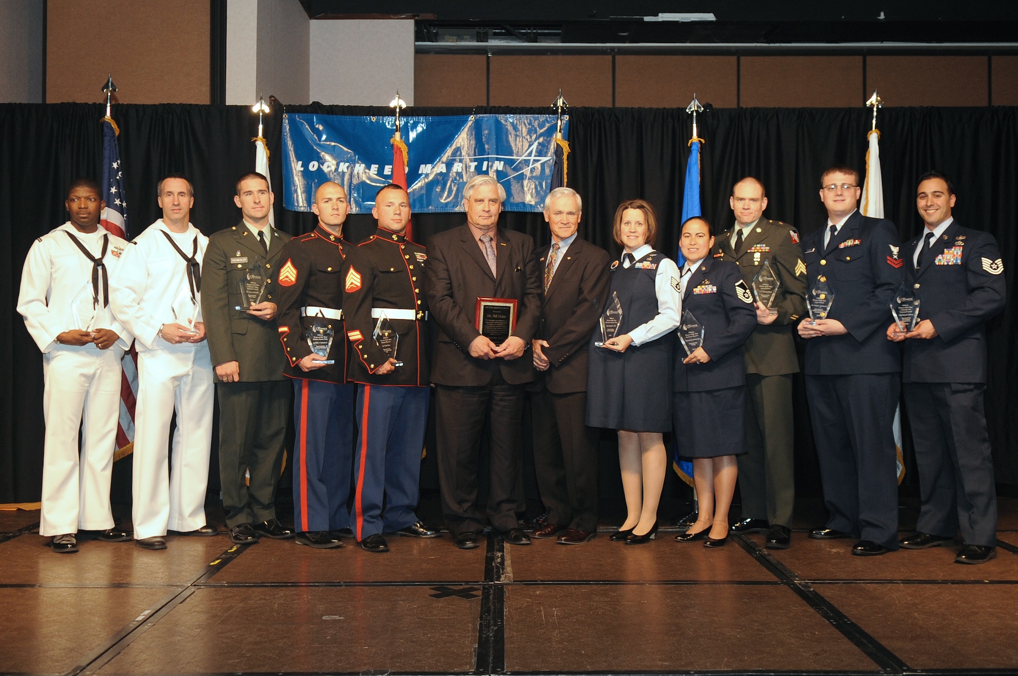 BUCKLEY AIR FORCE BASE, Colo.-- Winners from all United States Military components gather for a group photo at the 37th Annual Armed Forces Recognition Luncheon held at the Crown Plaza hotel, May 14, 2010. (U.S. Air Force Photo by Airman 1st Class Manisha Vasquez)