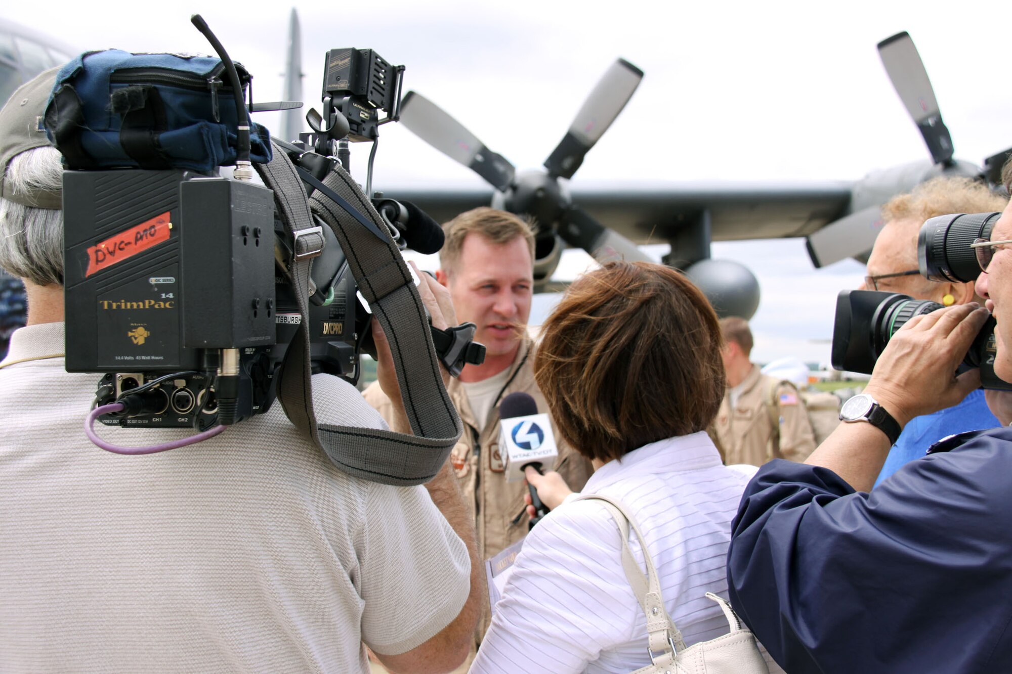 Lt. Col. Mark Roberts, 758th Airlift Squadron commander, is interviewed May 19, 2010 by members of the media upon arrival home after completing a 120-day AEF rotation in support of contingency operations overseas. While overseas 911th personnel flew 1084 sorties, hauled 3,017.46 tons of cargo and transported 12,649 passengers by flying an average of 556 hours per month. (photo by Lt. Shawn M. Walleck, 911th Public Affairs)