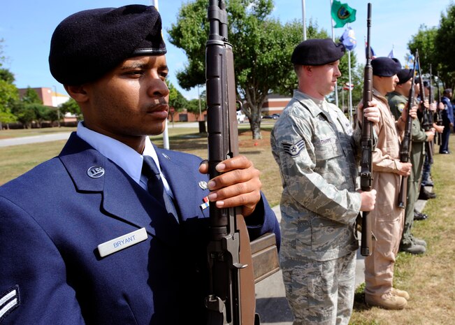 Airman 1st Class Christopher Bryant stands ready to render the 21 gun salute during the "National Police Week" retreat ceremony May 14, 2010 at the base flag pole on Joint Base Charleston, S.C. Joint Base Charleston held numerous activities and events for police week to include four days of friendly competition between 628th Security Forces Squadron and 628th Civil Engineer Squadron and Scruff McGruff "The Crime Dog" visited the Child Development Center. Airman Bryant is an installation entry controller with the 628 SFS. (U.S. Air Force photo/Senior Airman Timothy Taylor)