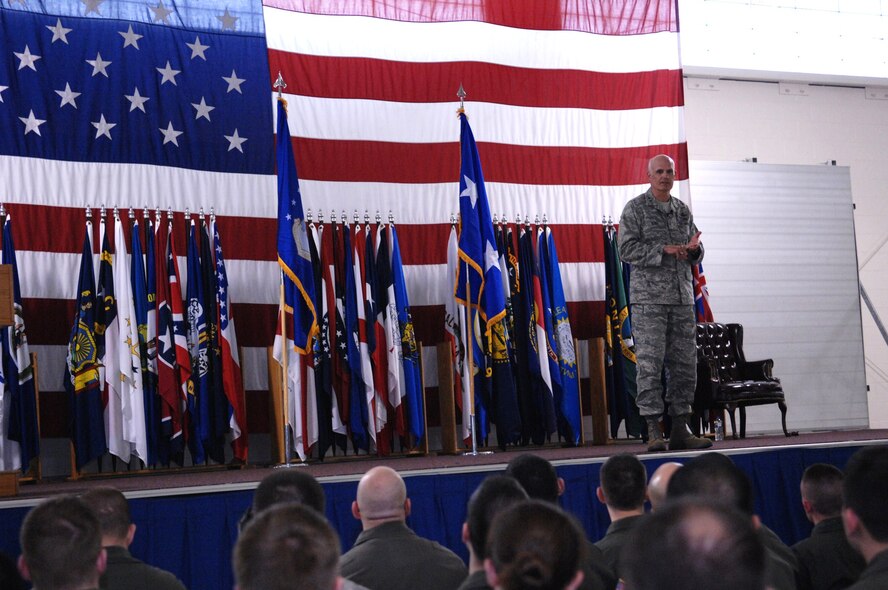 MINOT AIR FORCE BASE, N.D. -- Maj. Gen. Roger Burg, 20th Air Force commander, discusses issues concerning members of the 91st Missile Wing during his visit here May 13. This visit was a farewell tour of Minot AFB before his upcoming retirement. (U.S. Air Force photo by Airman 1st Class Aaron-Forrest Wainwright)