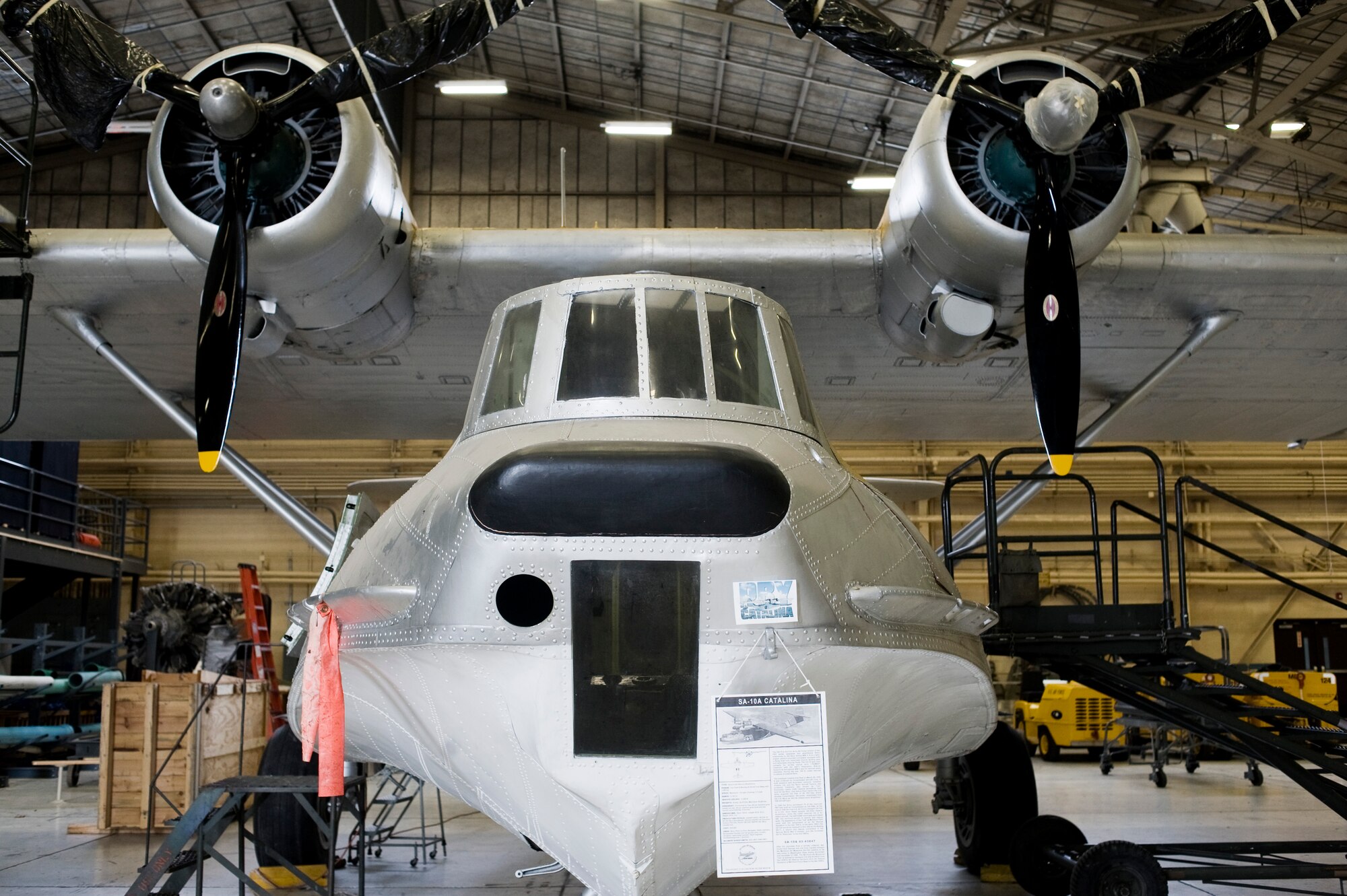 An Air Force OA-10A seaplane, known in the Navy as a PB-Y Catalina, is currently being restored by a volunteer crew from the McChord Air Museum.  The Catalina arrived at McChord Field on a truck in 1988, and the wings had been sawed off.  The crew has completely rebuilt the aircraft, and the project is about 98 percent complete.
(U.S. Air Force photo/Abner Guzman)
