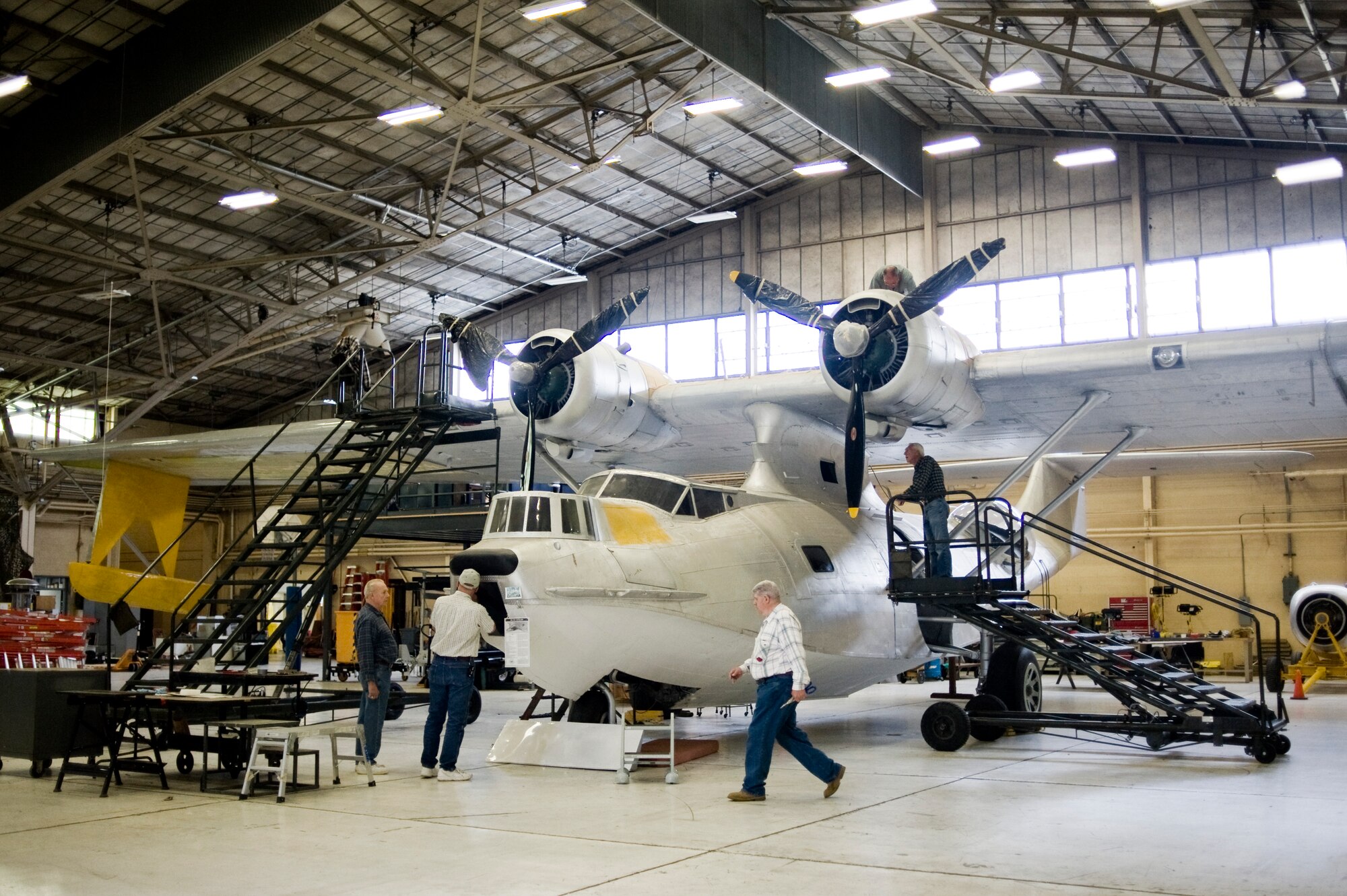 An Air Force OA-10A seaplane, known in the Navy as a PB-Y Catalina, is currently being restored by a volunteer crew from the McChord Air Museum.  The Catalina arrived at McChord Field on a truck in 1988, and the wings had been sawed off.  The crew has completely rebuilt the aircraft, and the project is about 98 percent complete.
(U.S. Air Force photo/Abner Guzman)

