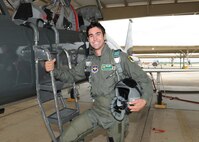 Pro golfer Cameron Tringale pauses for a photo prior to an orientation flight on a T-38 Talon at Randolph Air Force Base, Texas. The orientation flights were offered to the golfers, as part of the Air Force recruiting program, during the PGA Valero Texas Open Tournament in San Antonio. (U.S. Air Force photo by David Terry)