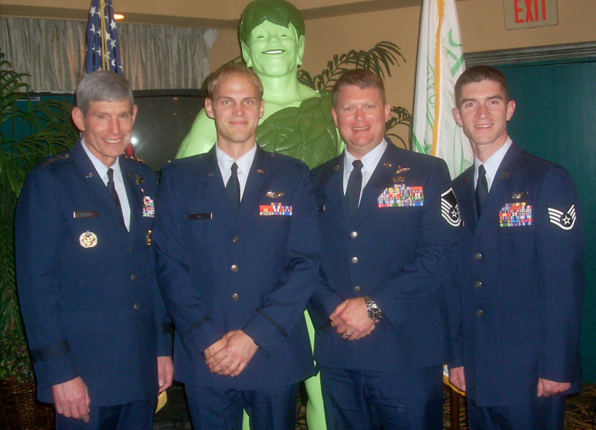 Air Force Chief of Staff, Gen. Norton Schwartz stands with three of the four members of Pedro 16, an HH-60G Pavehawk crew from the 33rd Rescue Squadron at Kadena Air Base Japan, May 1, 2010 in Fort Walton Beach, Fla. The crew was honored with the Jolly Green Association Award at this event for a mission to rescue Army Soldiers and fellow Airmen July 29, 2009 during their deployment to Kandahar Air Base, Afghanistan. They were subsequently named as the winners of the MacKay trophy for that same mission. Pictured with Gen. Schwartz from left to right are 1st Lt. Lucas Will, Master Sgt. Dustin Thomas, and Staff Sgt. Tim Philpott. Not pictured is Capt Robert Rosebrough. (Courtesy Photo)